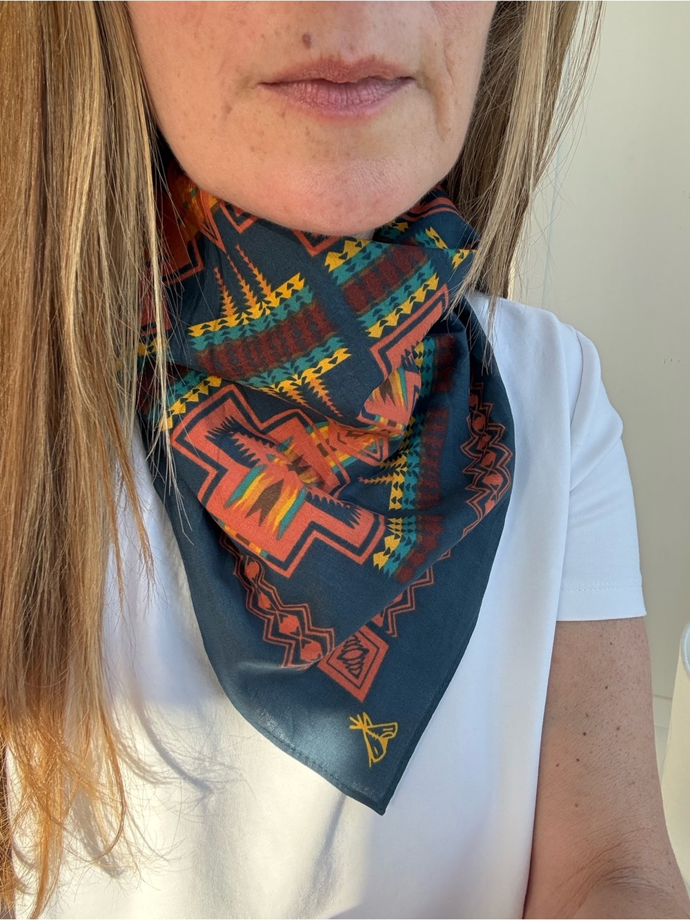 Pendleton Navy Cotton Bandana with Red, Orange and Yellow Native American Motif - Picture 3 of 7